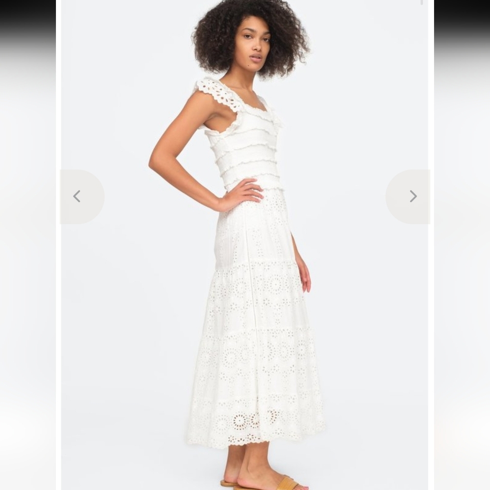 Sea New York, Daisy Midi Cotton Eyelet Smocked Midi Dress, Soft White, Size XS/2